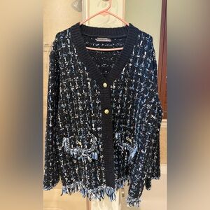 Like. Ew Anthropologie Tweed Fringe Cardigan Sweater , black/blue XL